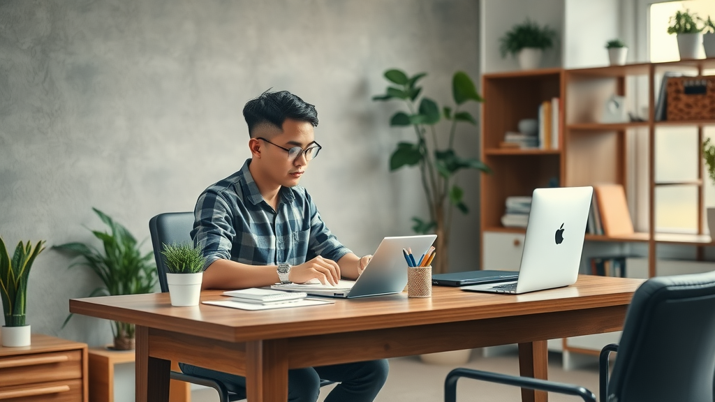 feng shui office with balanced furniture, natural light, and positive workspace energy