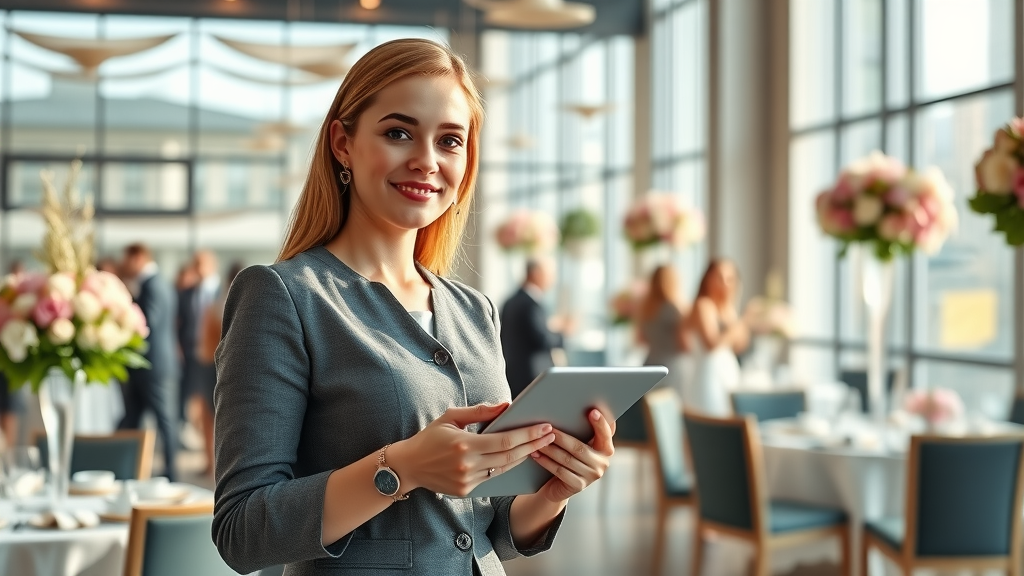Confident event planner organizing elegant space, event planning made effortless