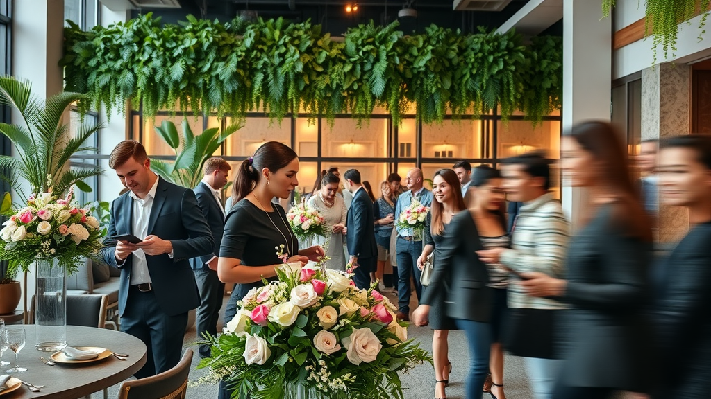Event planning team perfecting upscale venue, seamless event organization