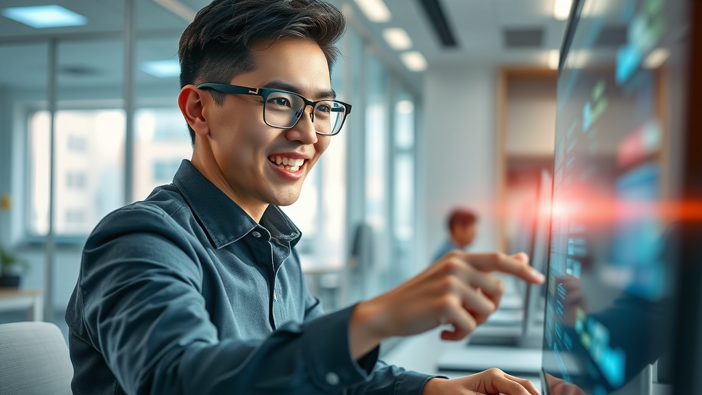 Vibrant abstract digital concept showing an inspired young professional interacting with a futuristic computer interface using ai mode in a modern office environment, with dynamic information panels and subtle holographic effects.