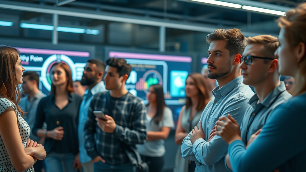 Innovative technology evolution timeline showing a diverse group watching the shift from basic search to ai-powered search with dynamic digital elements and interactive screens in a modern space.