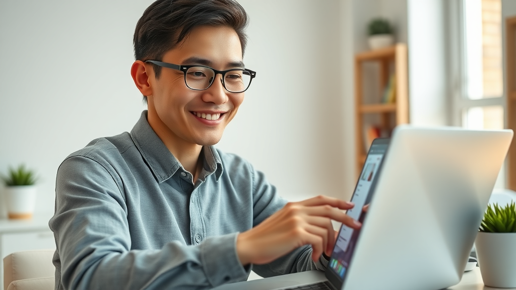 User-friendly mobile and desktop settings showing a calm, smiling person navigating ai mode activation in device settings, on both laptop and smartphone in a bright workspace.