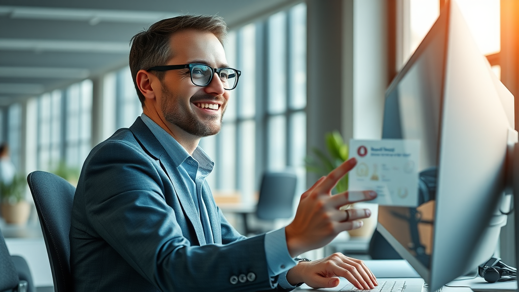 Modern workspace featuring a focused business professional using ai mode to automate repetitive search queries, with automation icons and quick hand movement on a desktop monitor bathed in daylight.