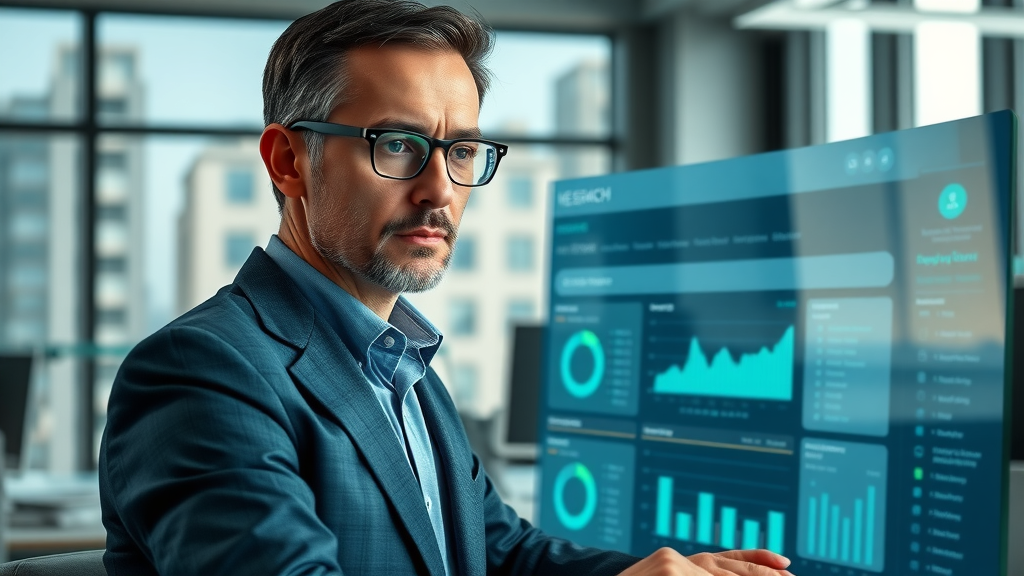 Sophisticated digital search interface showing an analytical professional observing a personalized ai mode dashboard, merging ai suggestions and search results in a high-tech office setting.