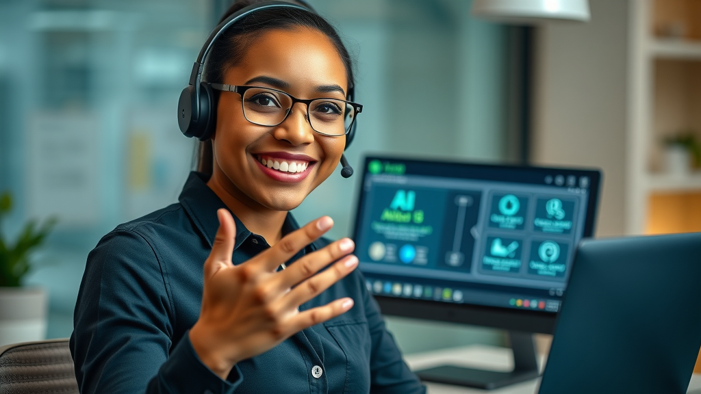 Step-by-step activation tutorial showing a friendly tech support person guiding users through ai mode activation on screen, with clear interactive highlights in a tech help desk environment.