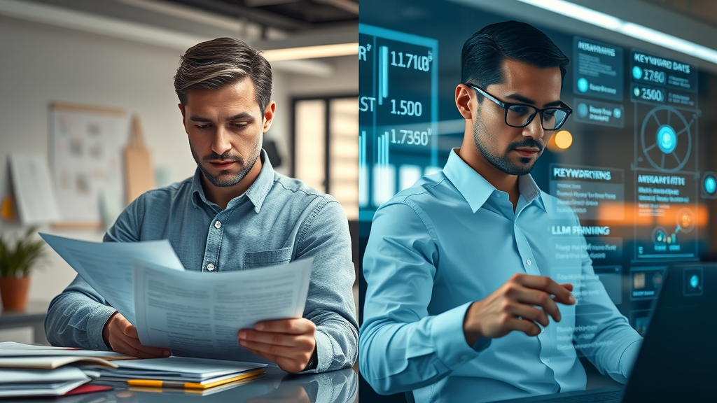 Split-scene showing a classic SEO marketer with keyword lists and a modern AI engineer mapping llm seeding and structured data for language model improvement.