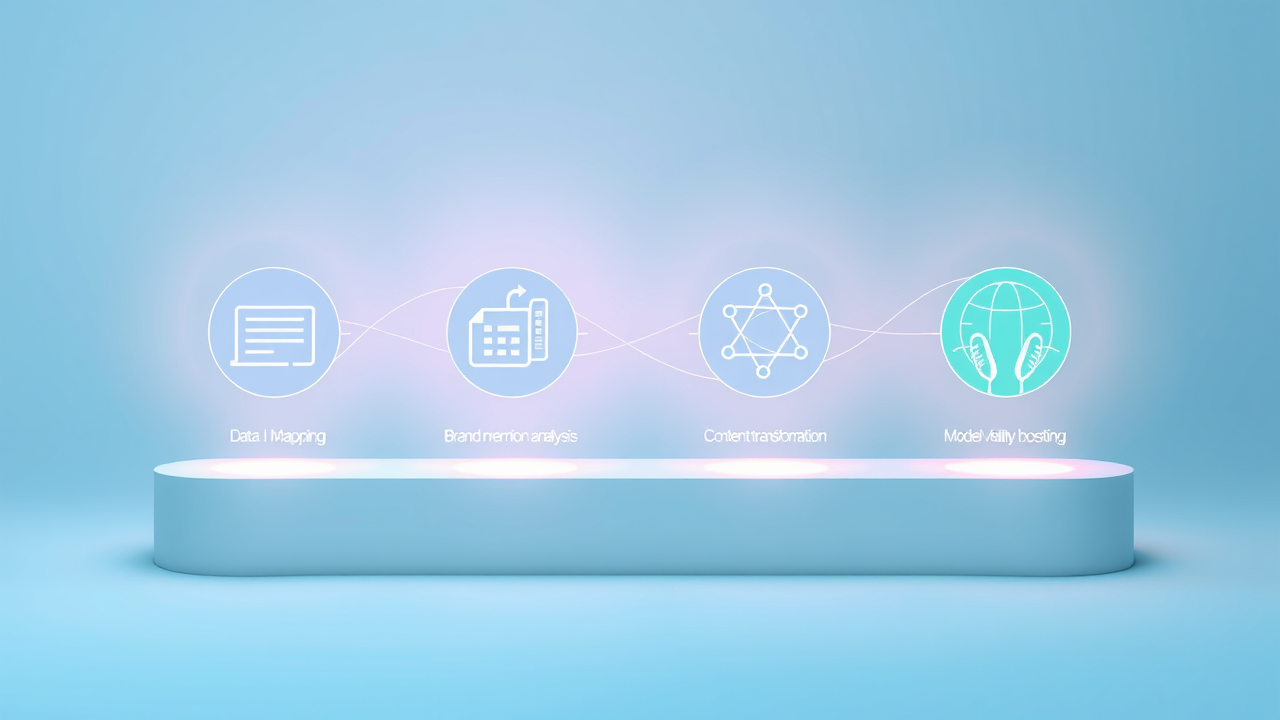 Digital visualization of the four-step LLM seeding process—mapping data, brand mentions, transformation into content, model visibility—with motion blur and AI icons.