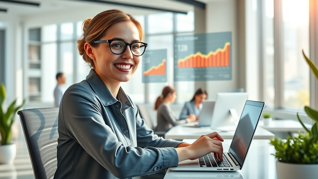 Smiling businesswoman reviewing AI dashboard results after implementing llm seeding, showing improved brand mentions and language model accuracy.