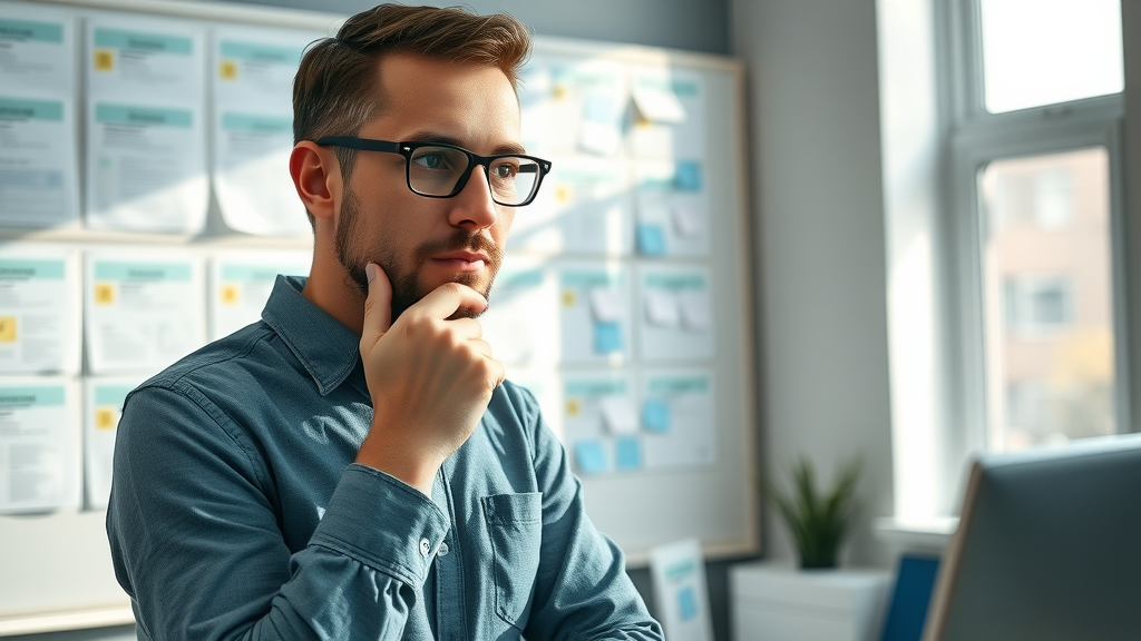 Thoughtful content strategist integrating llm seeding with his content strategy, reviewing campaign workflow cards and digital notes for maximum impact.