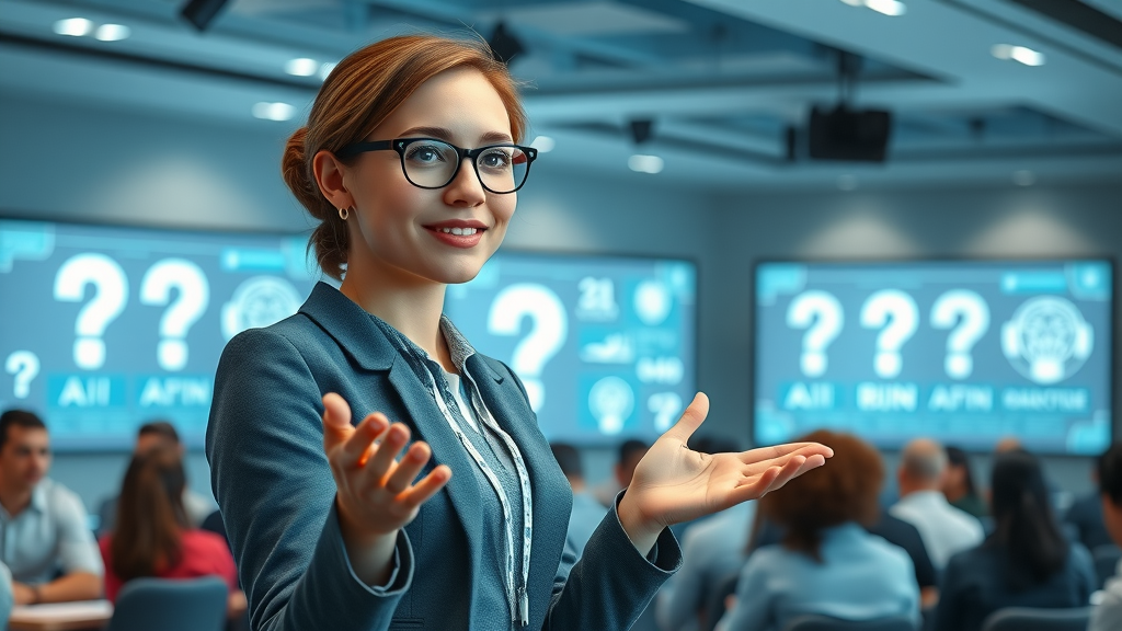 Helpful AI expert explaining common LLM seeding FAQs, brand mention, and citation strategies to an interested audience near a digital board.