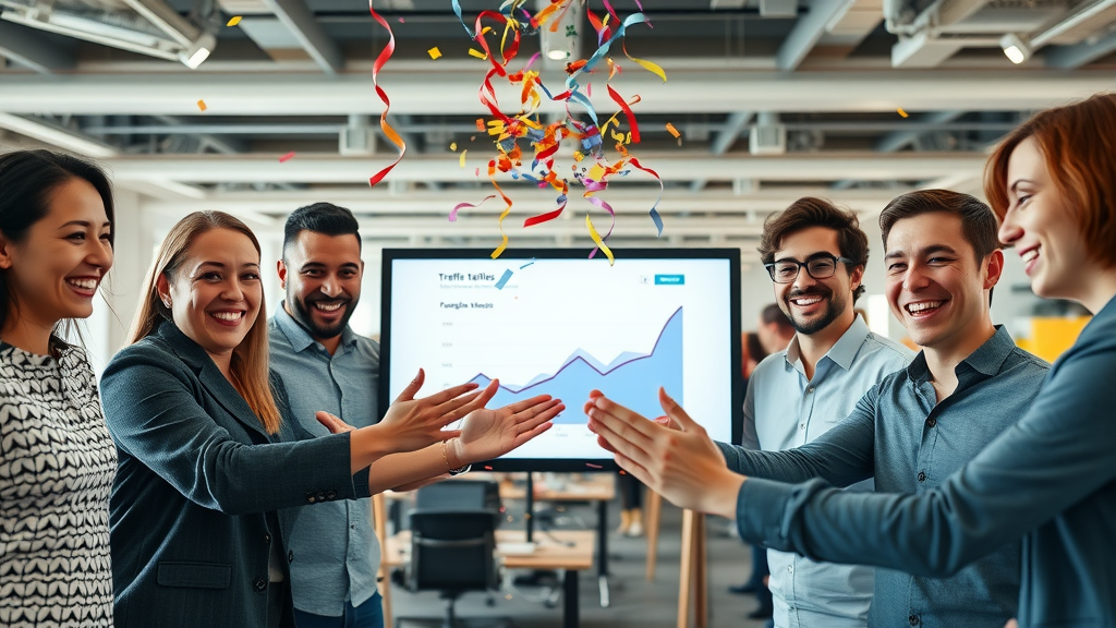 Team celebrating explosive growth in website traffic with data dashboard