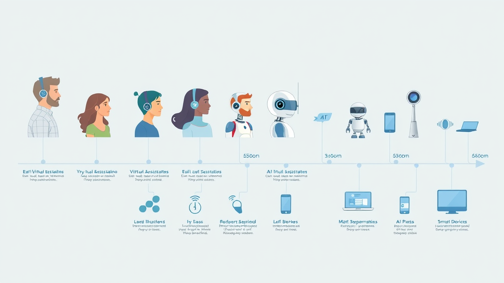 Timeline of ai assistant technology, from early virtual assistants to modern ai chat and smart devices—blue-gray infographic with sleek digital icons