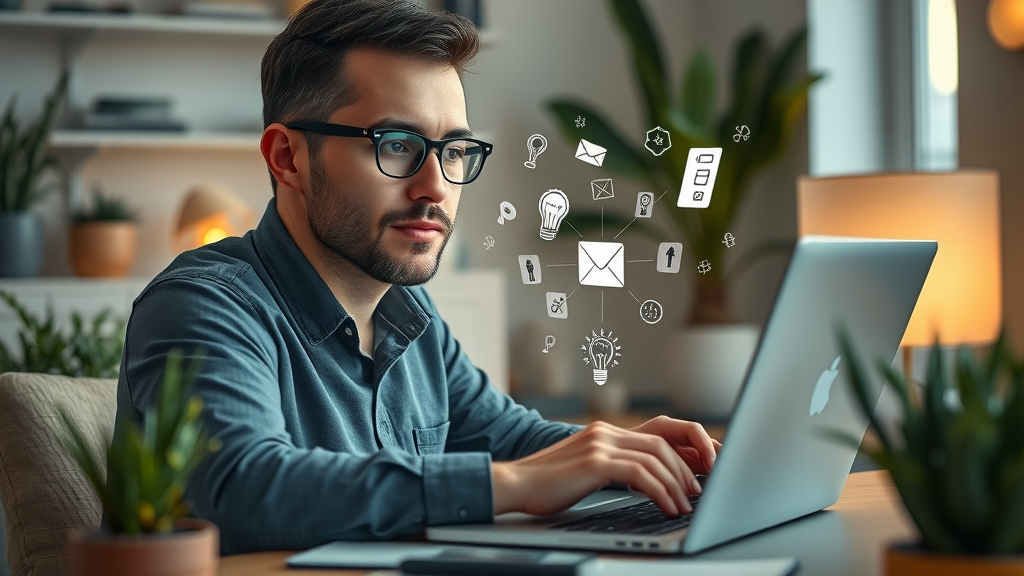 Creative professional using ai writing assistant on a laptop, digital idea visuals and chat bubbles in cozy home workspace