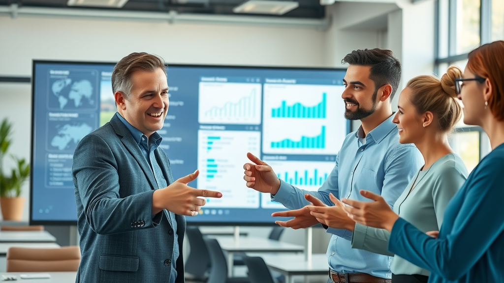 Small business team using digital ai assistant for collaboration with digital charts and email automation—modern workspace, natural daylight