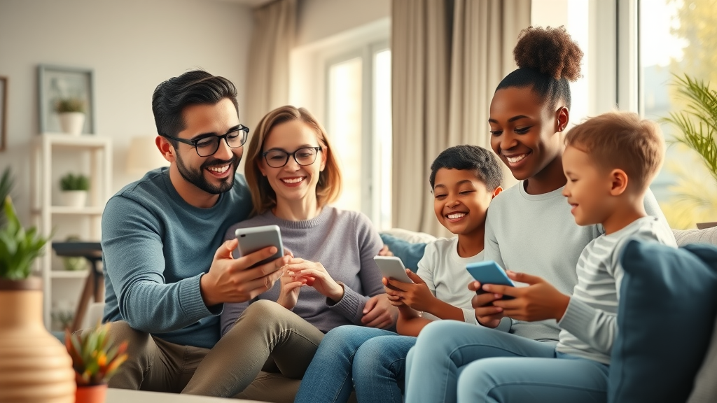Diverse family enjoying home automation with ai assistant, controlling smart lights and security from phone in a cozy modern living room