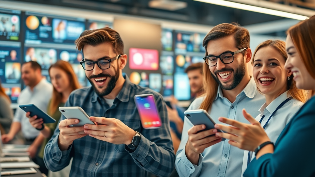 Vibrant social media feed with excited expressions, people engaging with mobile devices in a modern workspace with notification popups for making content go vira
