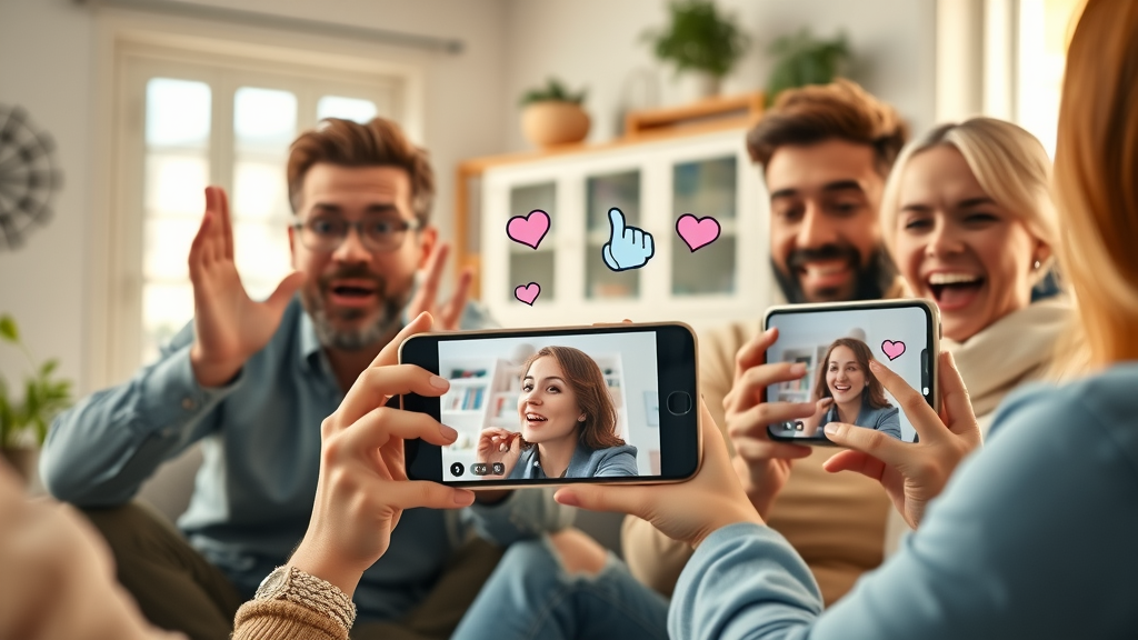 Dynamic phone screens with happy people watching viral video clips and viral metrics for making content go vira on social media