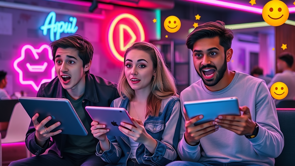 Amused, amazed facial expressions, young people reacting to content on tablets in a tech hub focused on making content go vira with digital effects