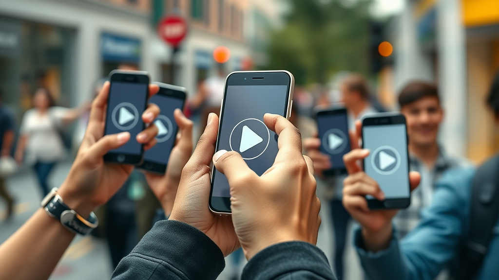 Eye-catching viral video preview with diverse hands holding smartphones for creating viral content outdoors