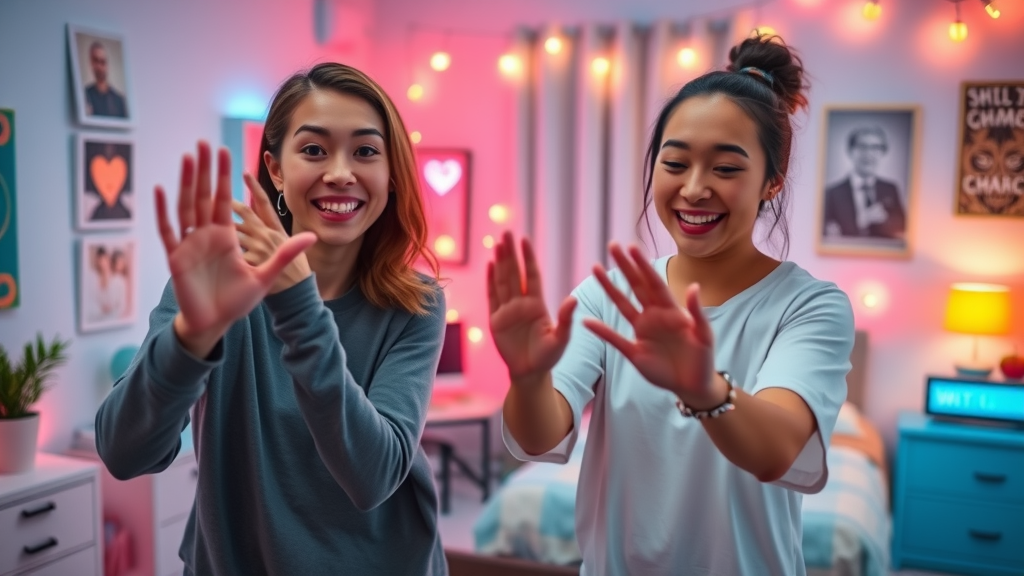 Viral TikTok scene featuring happy, playful creator filming a dance challenge with glowing engagement indicators for making content go vira