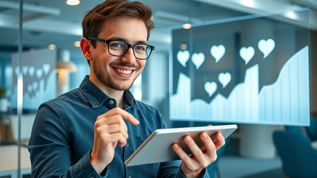 User showing high engagement stats on a tablet with social proof for making content go vira in a chic workspace