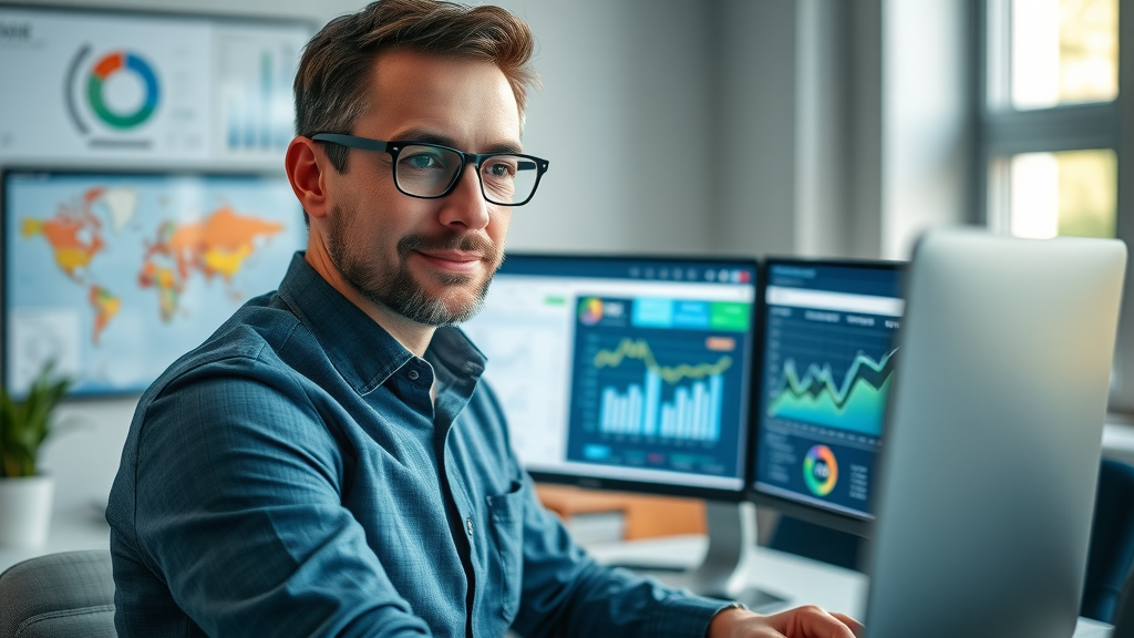 Confident marketing professional analyzing backlink analytics on a vibrant digital dashboard in a modern home office. Data-driven SEO concept with dual monitors, dynamic digital interface elements, blue and green hues, high realism.