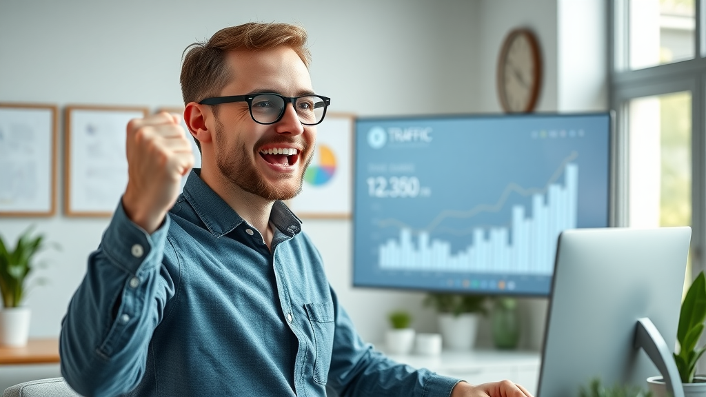 Elated digital marketer celebrating rising traffic charts on screen in a bright, contemporary workspace with analytics visuals. Professional SEO success story, genuine satisfaction, blue-white palette, photorealistic.