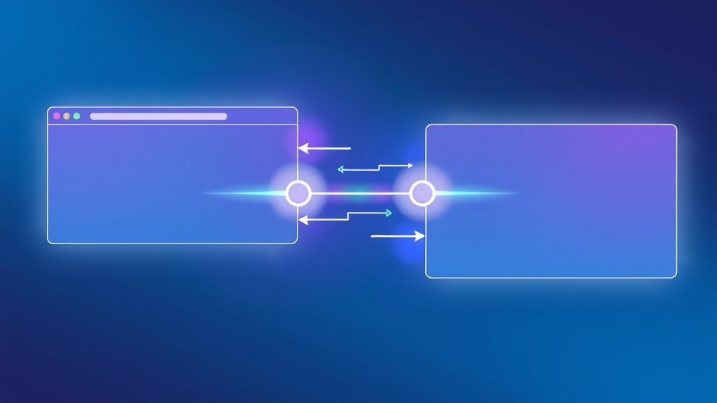 Web browser windows with hyperlinks highlighted, animated digital arrows showing clean web connection concept. Intuitive graphic for backlinks and SEO, photorealistic with blue and purple gradients.