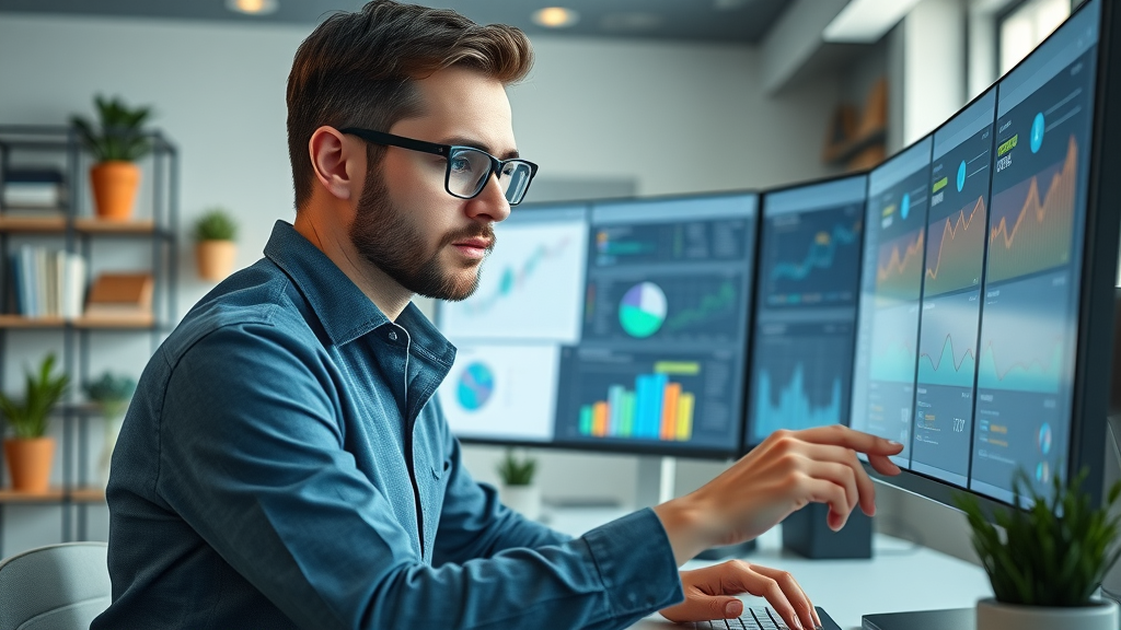 Focused SEO analyst using backlink research tools, visible data visualizations on large screen, contemporary workspace with tech books and plants. Analytical researcher at work, crisp blues, photorealistic.