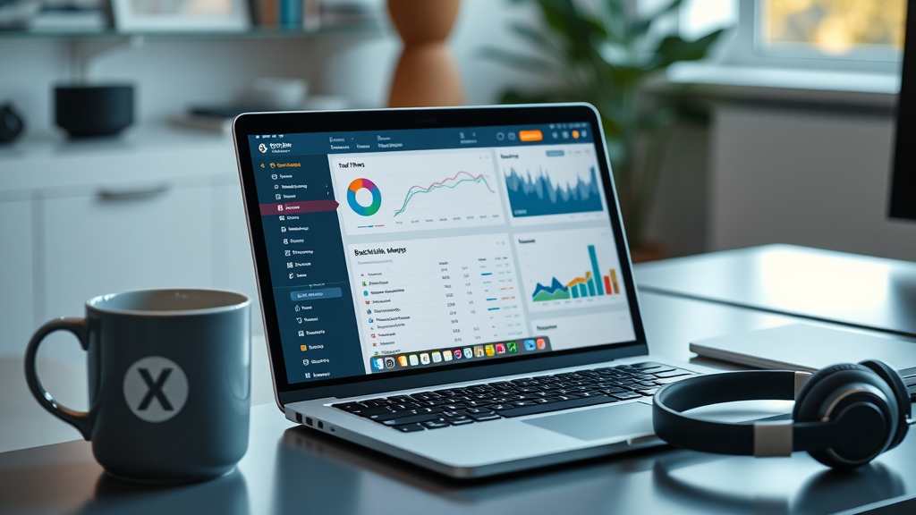 Open laptop displaying backlink analysis tools, uncluttered modern desk with mug and headphones, colorful dashboards, photorealistic with screen glow. Modern digital tools for backlink analysis.