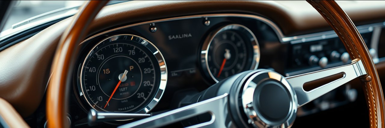 Classic car dashboard and speedometer with detailed chrome trim, window tinting