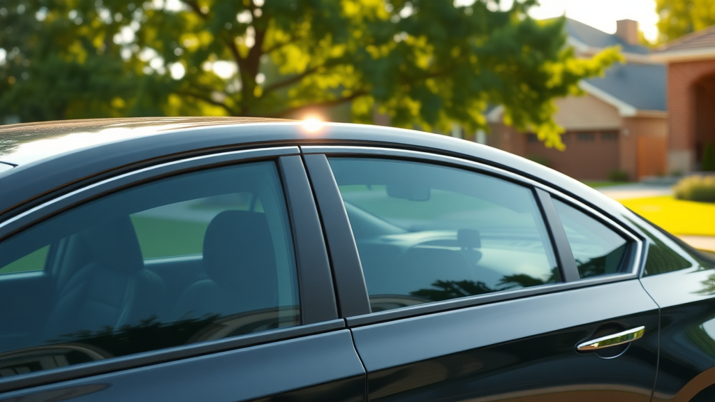 Modern car with expertly applied window tinting in a sunny residential driveway