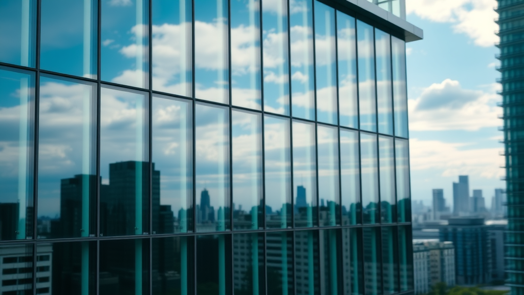Modern office building with professional window tinting reflecting bright sky
