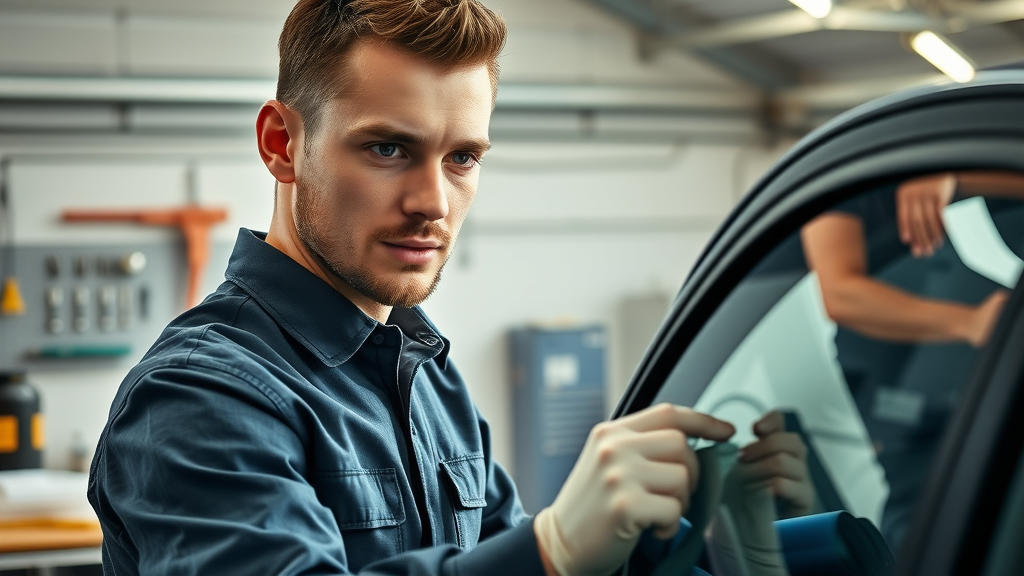 Window tinting technician expertly installing tint film on vehicle glass