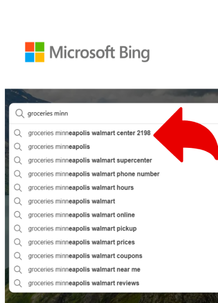 Bing search results in the auto complete box