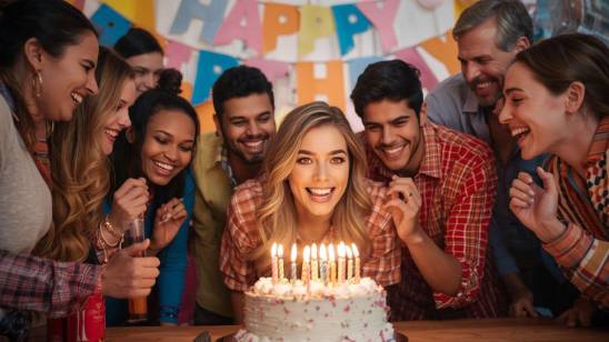 Happy Birthday banner at joyful celebration with birthday woman and cake.